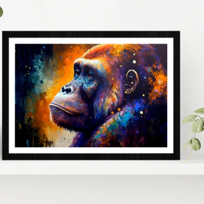 Colorful Gorilla Oil Painting Glass Framed Wall Art, Ready to Hang Quality Print
