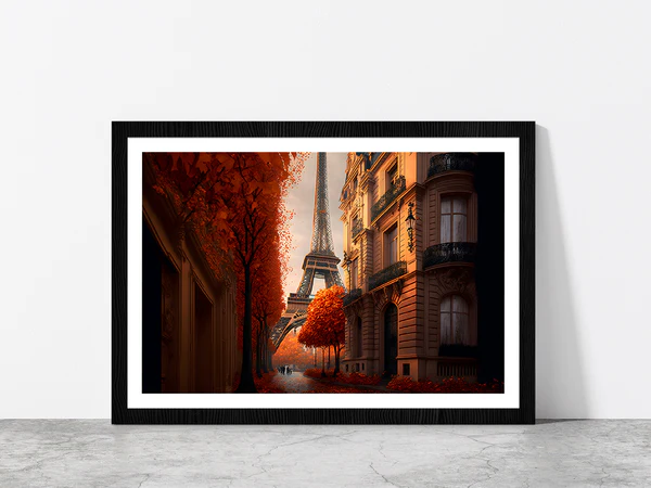 Eiffel Tower In Paris & Autumn Street Print Glass Framed Wall Art, Ready to Hang Quality Print