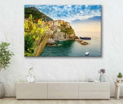 Bella Home Colorful Village on a Cliff & Sea Print Canvas Ready to hang