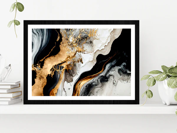 Black White & Gold Abstract Painting Glass Framed Wall Art, Ready to Hang Quality Print