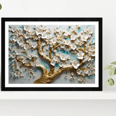 White Flowered Tree Painting Glass Framed Wall Art, Ready to Hang Quality Print