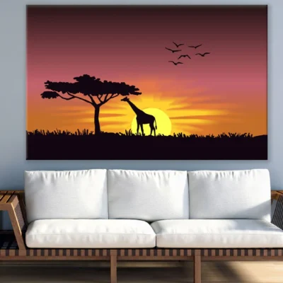 Giraffe in Grass Field Sunset Photograph Print 100% Australian Made