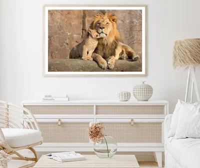 Male African Lion Is Cuddled by His Cub Home Decor Premium Quality Poster Print Choose Your Sizes