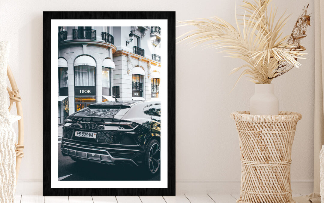 Lamborghini near Fashion Store Photograph Glass Framed Wall Art, Ready to Hang Quality Print