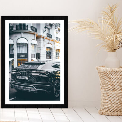 Lamborghini near Fashion Store Photograph Glass Framed Wall Art, Ready to Hang Quality Print