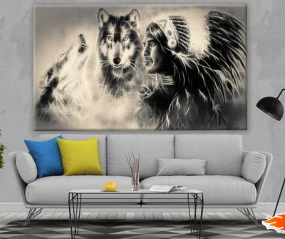 Wolves & Feather Headdress Portrait B&W Print 100% Australian Made