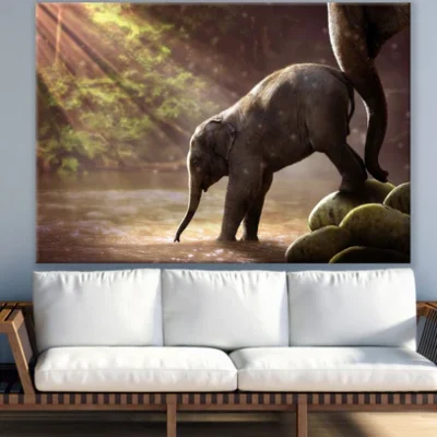 Elephants in Water Stream View Print 100% Australian Made