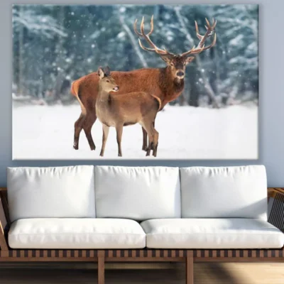 Deer in Snow Covered Forest View Print 100% Australian Made
