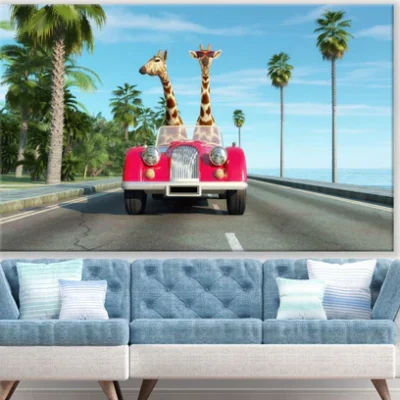Giraffes Riding a Car Digital Art Print 100% Australian Made