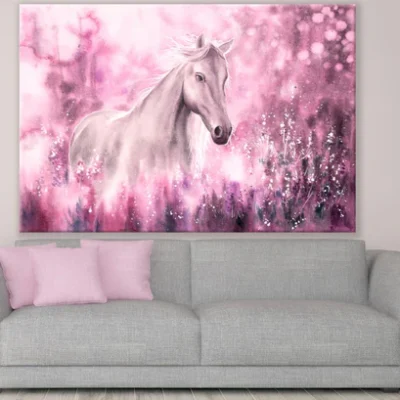 White Horse & Pink Flowers Art Print 100% Australian Made