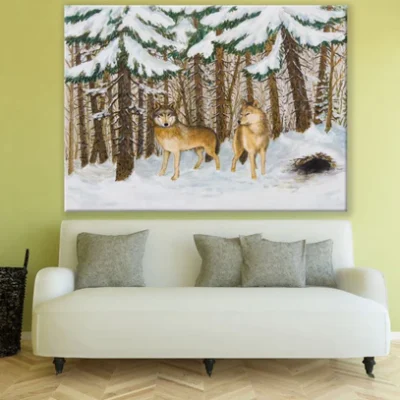 Wolves in Snow Covered Forest Art Print 100% Australian Made