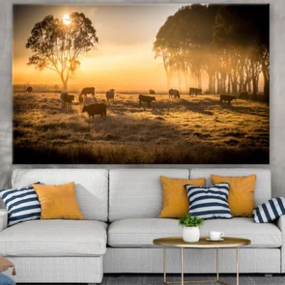 Cows on Meadow at Sunset Scenery Print 100% Australian Made