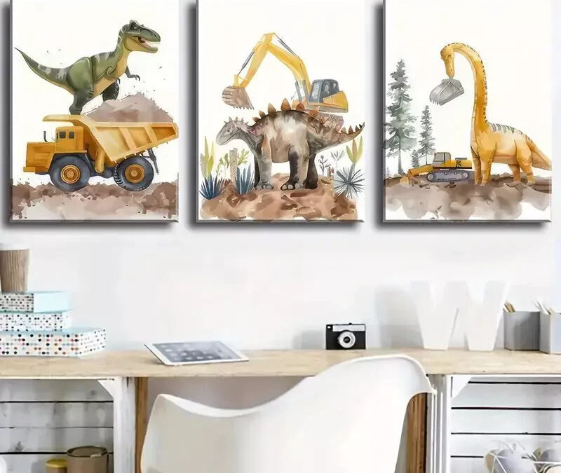 3pcs Dinosaur Construction And Excavation with Dump Trucks Canvas Framed 40x60cm – High Quality Print 100% Australian Made Wall Canvas Ready to Hang