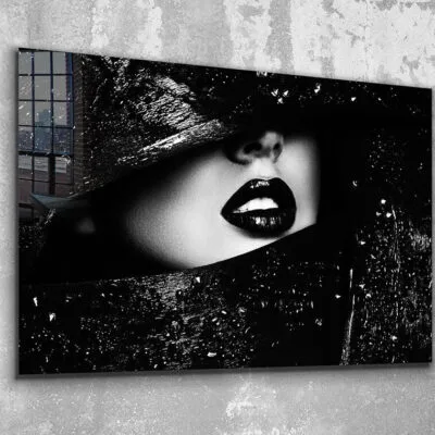 B&W Girl with Hat Lips Print Tempered Glass Wall Art 100% Made in Australia Ready to Hang