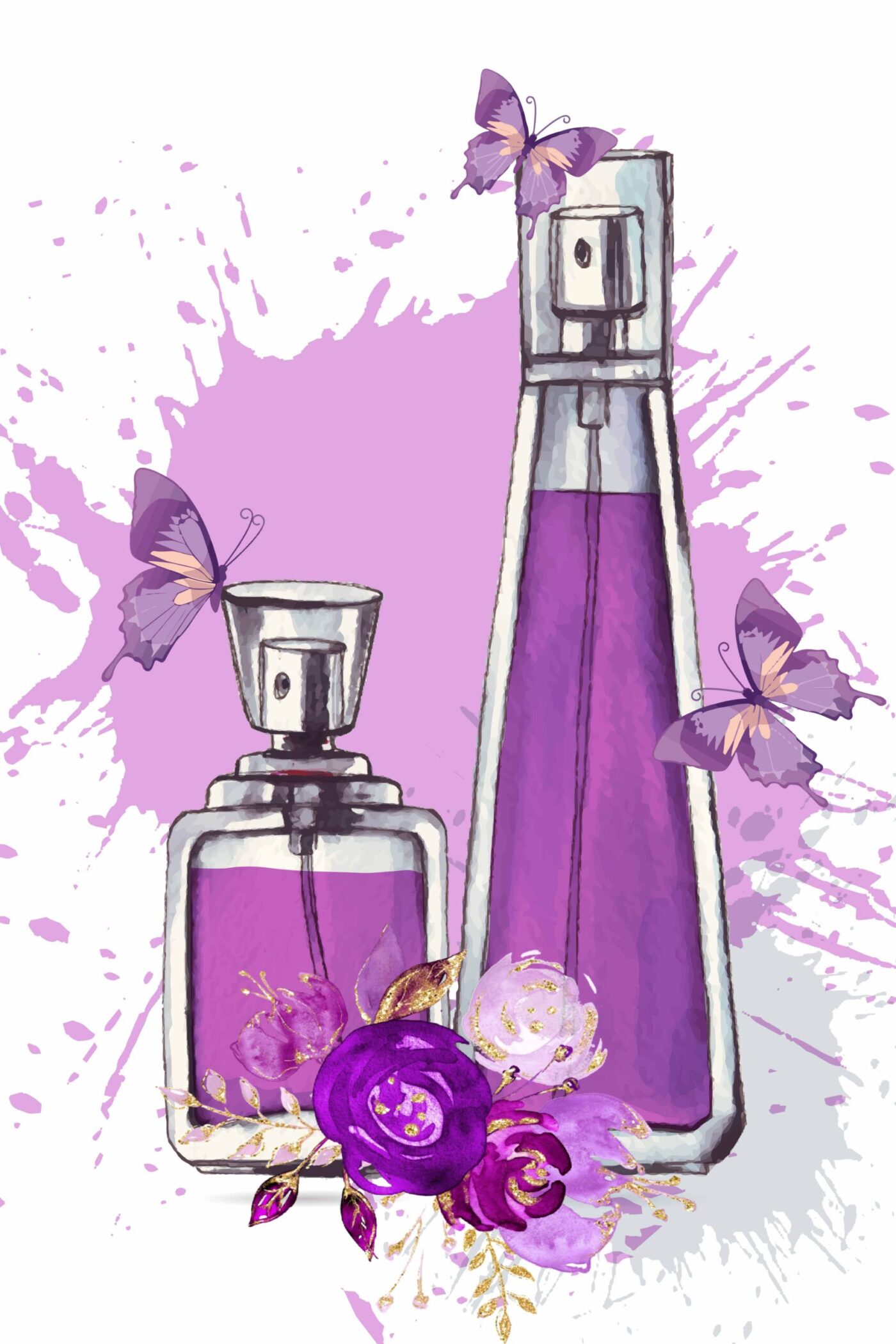 Purple Perfume Bottles, Flowers & Butterflies Watercolor Painting Print 100% Australian Made - Image 3