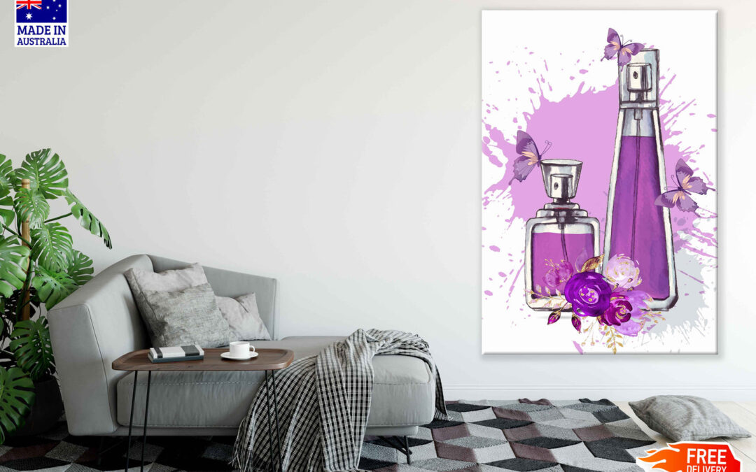 Purple Perfume Bottles, Flowers & Butterflies Watercolor Painting Print 100% Australian Made