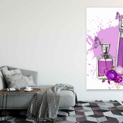 Purple Perfume Bottles, Flowers & Butterflies Watercolor Painting Print 100% Australian Made