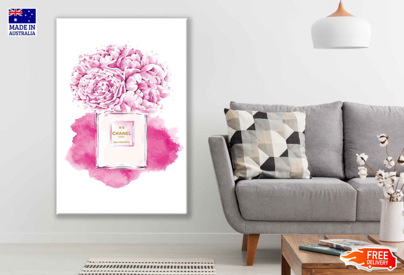 Pink Peony Flowers & Perfume Bottle Watercolor Painting Print 100% Australian Made - Image 2