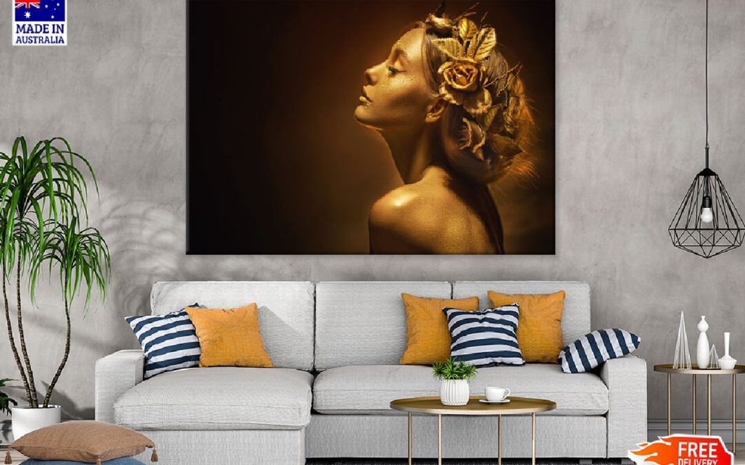 Woman in Golden Shiny Skin View Photograph Print 100% Australian Made
