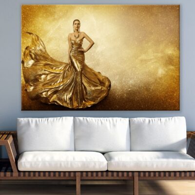 Fashion Woman with Flying Gold Dress Photograph Print 100% Australian Made