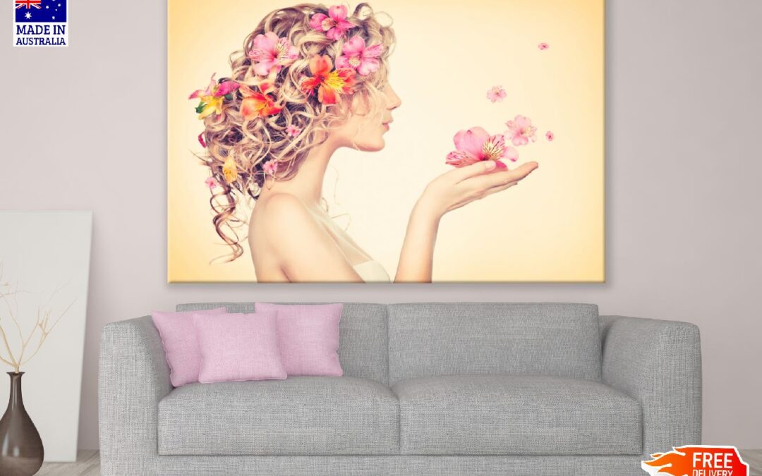 Girl Takes Flowers in Her Hands Digital Art Print 100% Australian Made