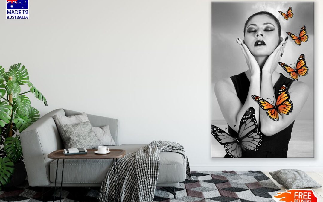 Fashion Woman with Butterflies B&W Digital Art Print 100% Australian Made