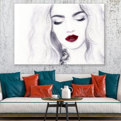 Makeup Woman Face with Red Lips B&W Watercolor Painting Print 100% Australian Made