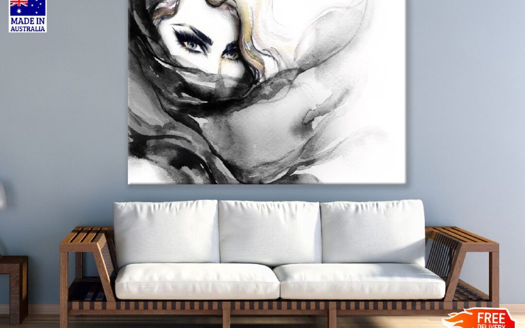 Fashion Girl With Hair B&W Abstract Watercolor Painting Print 100% Australian Made