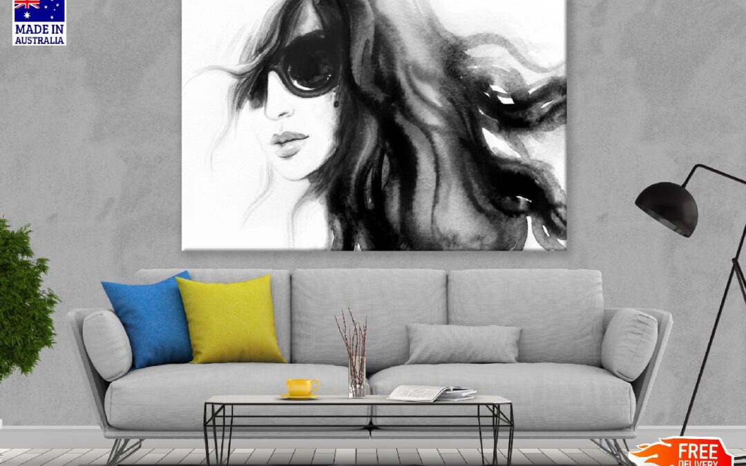 Young Women With Sunglasses & Long Hair B&W Watercolor Painting Print 100% Australian Made