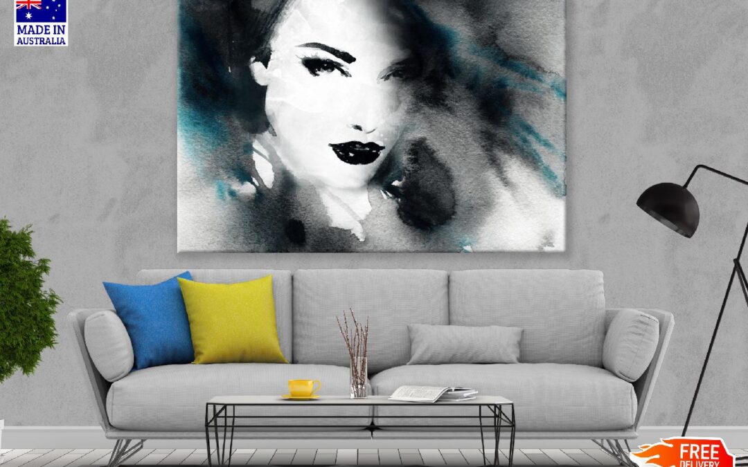 Woman Face with Black Lips B&W Watercolor Painting Print 100% Australian Made
