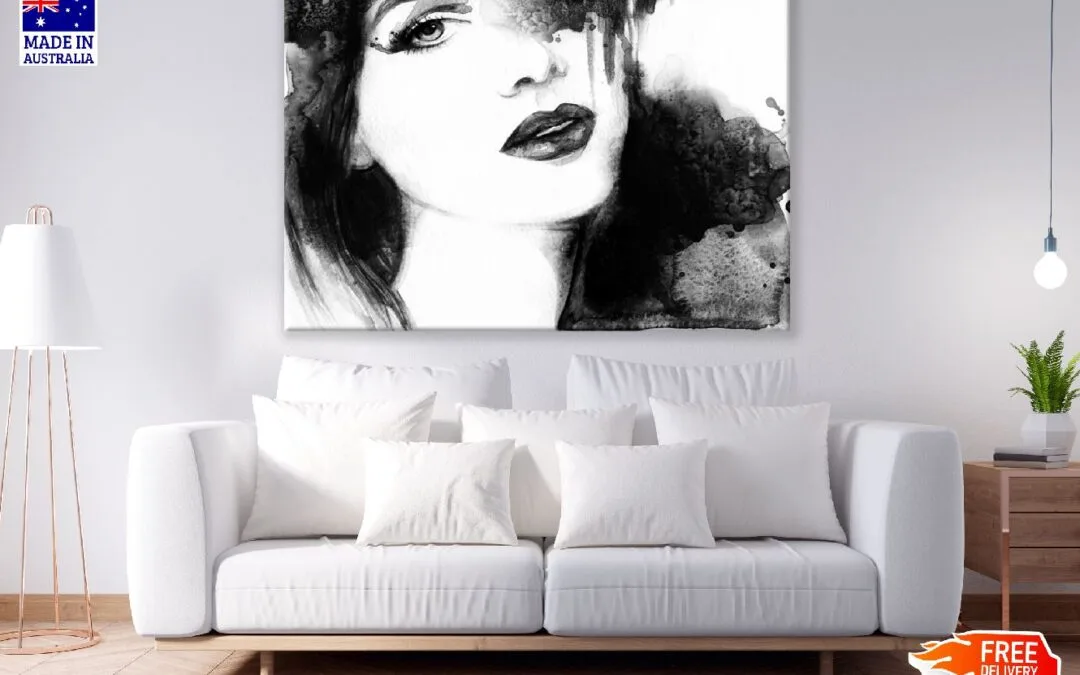 Beautiful Woman Face B&W Abstract Watercolor Painting Print 100% Australian Made