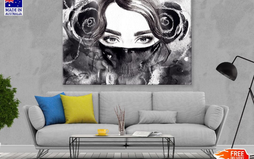 Young Girl With Mask B&W Watercolor Painting Print 100% Australian Made
