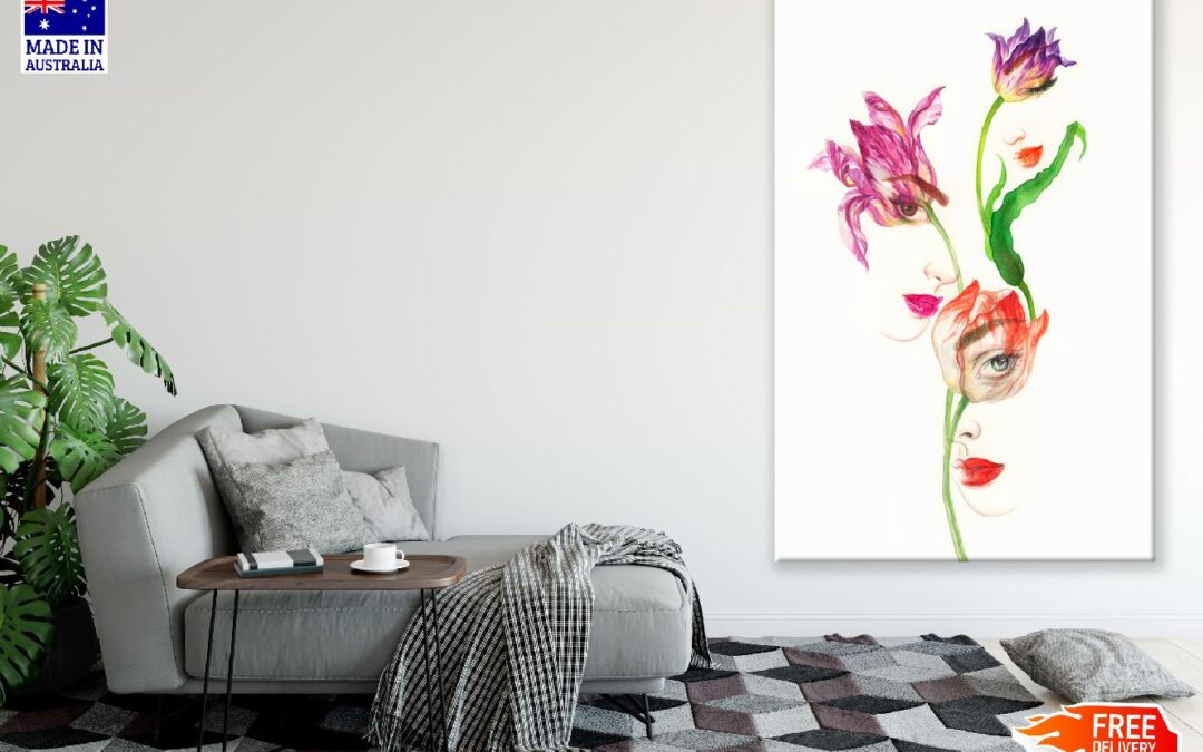 Woman Faces on Flowers Watercolor Painting Print 100% Australian Made