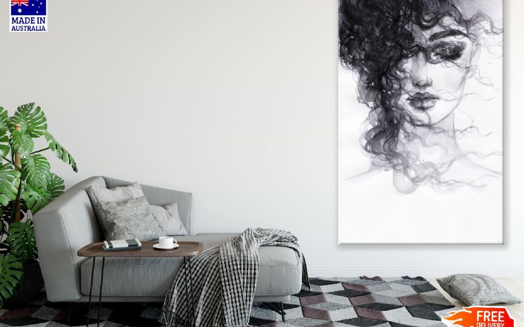 Girl Hair Waving by Wind B&W Watercolor Painting Print 100% Australian Made