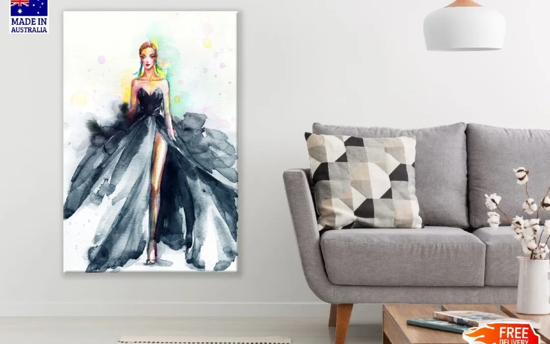 Black Fashion Dress Woman Watercolor Painting Print 100% Australian Made