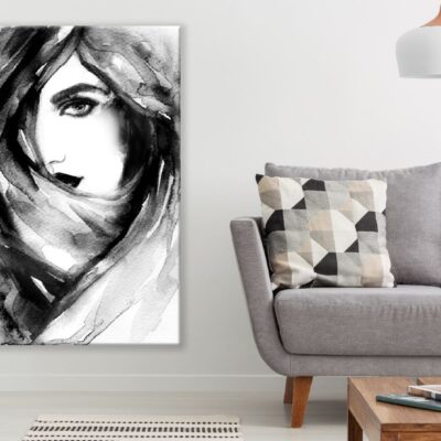 Woman Face Hiding Her Face Behind a Veil B&W Watercolor Painting Print 100% Australian Made