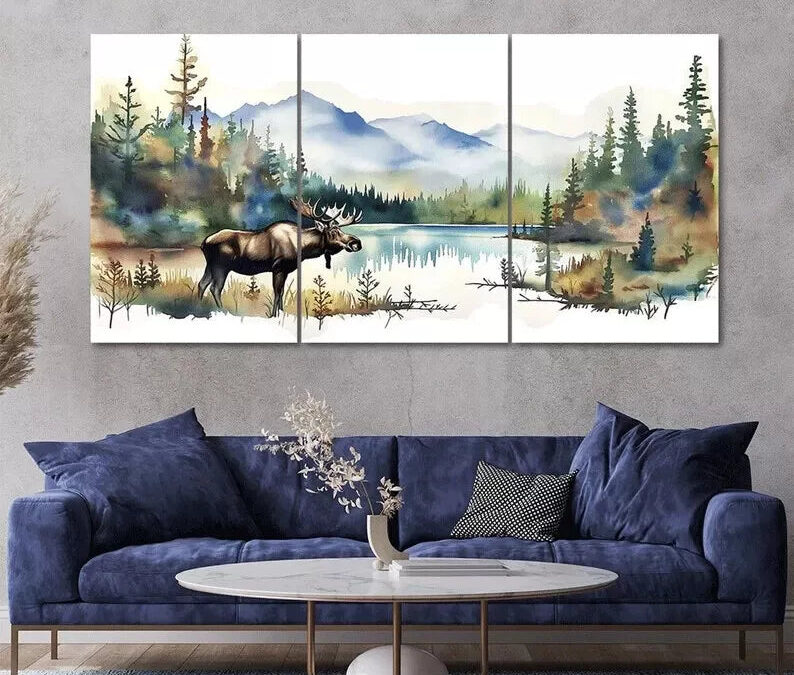 Water Color Moose Lake 3 Piece Canvas Framed 40x60cm – High Quality Print 100% Australian Made Wall Canvas Ready to Hang