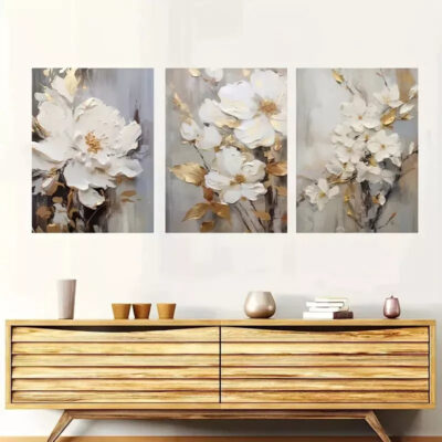 3pcs Abstract White Floral Canvas Framed 40x60cm - High Quality Print 100% Australian Made Wall Canvas Ready to Hang