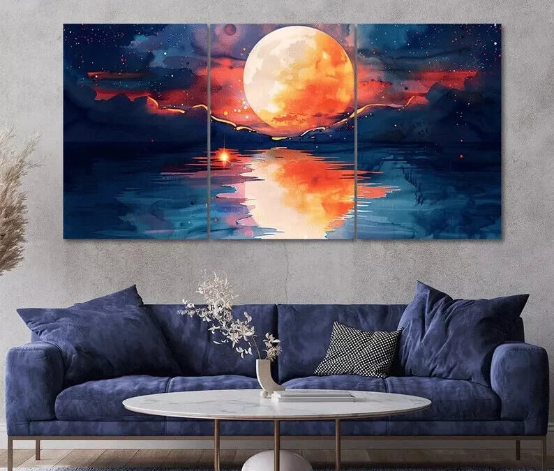 Red Full Moon Rising 3 Piece Painting Style Art Canvas Framed 40x60cm – High Quality Print 100% Australian Made Wall Canvas Ready to Hang