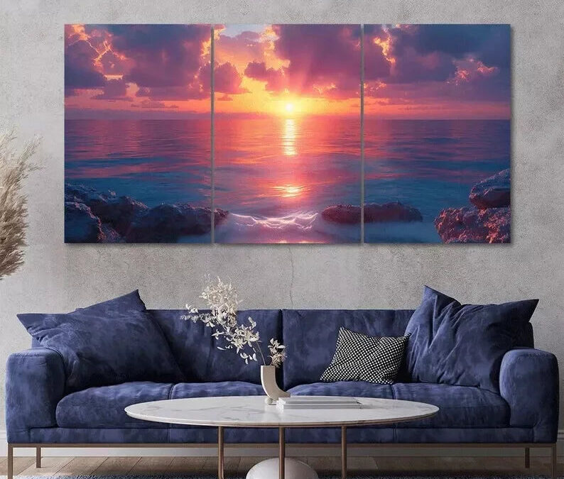 Vibrant Ocean Sunset 3 Piece Canvas Framed 40x60cm – High Quality Print 100% Australian Made Wall Canvas Ready to Hang