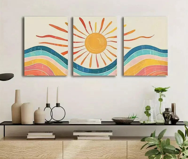 3pcs Mid-Century Abstract Landscape Canvas Framed 40x60cm – High Quality Print 100% Australian Made Wall Canvas Ready to Hang