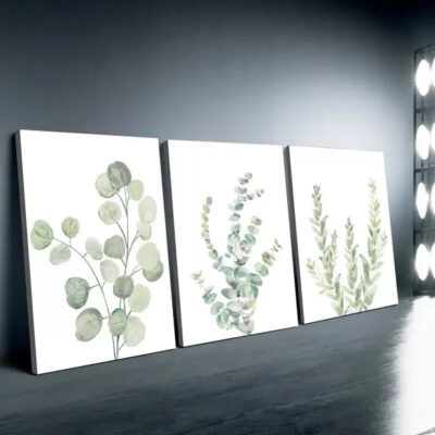 3pcs Lone Green Leaves Water Coloured Canvas Framed 40x60cm - High Quality Print 100% Australian Made Wall Canvas Ready to Hang
