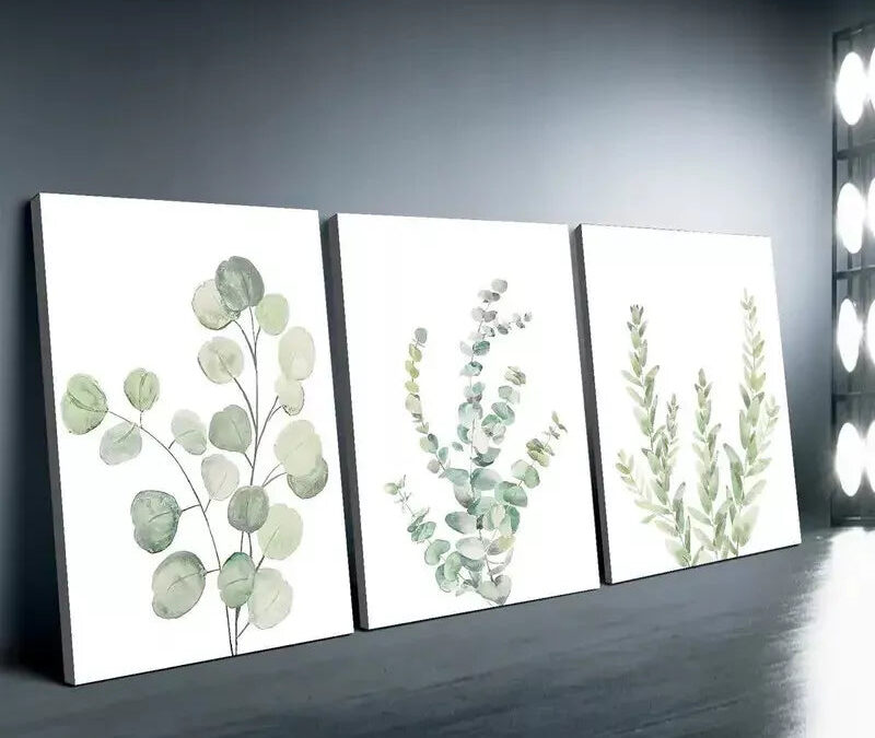 3pcs Lone Green Leaves Water Coloured Canvas Framed 40x60cm – High Quality Print 100% Australian Made Wall Canvas Ready to Hang