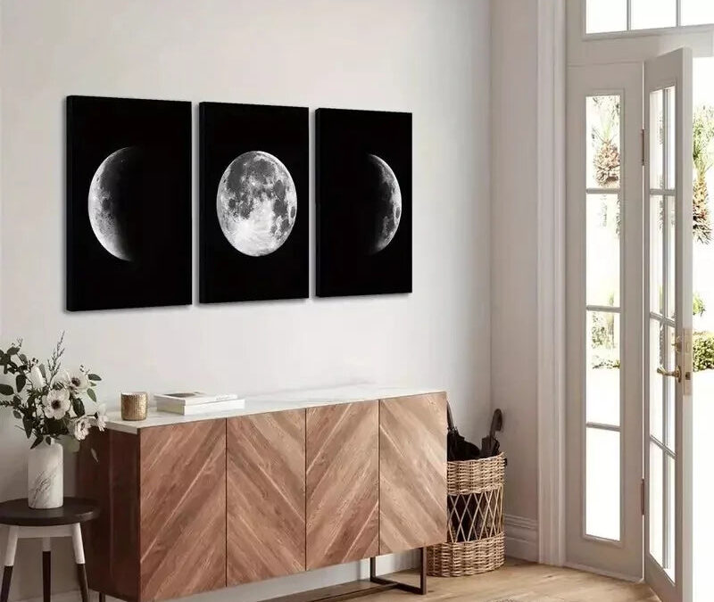 3pcs Full and Half Moon Black & White Canvas Framed 40x60cm – High Quality Print 100% Australian Made Wall Canvas Ready to Hang