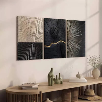 3pcs Luxury Black & Golden Wood Grain Canvas Framed 40x60cm - High Quality Print 100% Australian Made Wall Canvas Ready to Hang