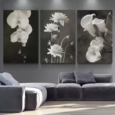 3pcs Beautiful Flower Painting Black And White Canvas Framed 40x60cm - High Quality Print 100% Australian Made Wall Canvas Ready to Hang