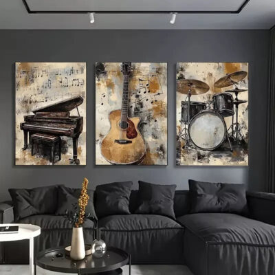 3pcs Vintage Musical Instruments Canvas Framed 40x60cm - High Quality Print 100% Australian Made Wall Canvas Ready to Hang