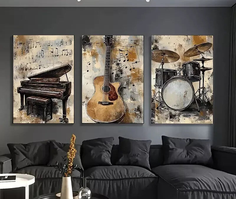 3pcs Vintage Musical Instruments Canvas Framed 40x60cm – High Quality Print 100% Australian Made Wall Canvas Ready to Hang