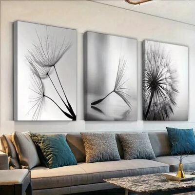 3pcs Dandelion Flower Black & White Canvas Framed 40x60cm - High Quality Print 100% Australian Made Wall Canvas Ready to Hang