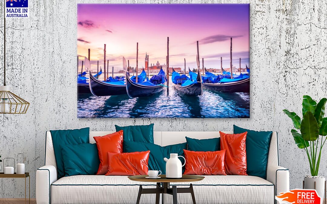 Gondolas Lined Up in The Water at Sunset Wall Art Decor 100% Australian Made